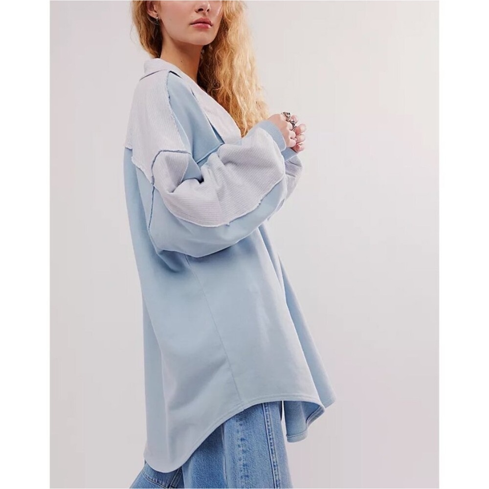 NWT Free People Madeleine Polo Sweatshirt Med Winter Sky Blue $148 Retail Cotton - Picture 8 of 11